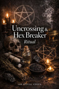 Uncrossing & Hex Breaker Ritual altar setup featuring black candles, protective herbs, ritual oils, crystals, smoke cleansing, and symbolic tools used to remove curses, break hexes, and restore spiritual protection by The Ritual Coven.