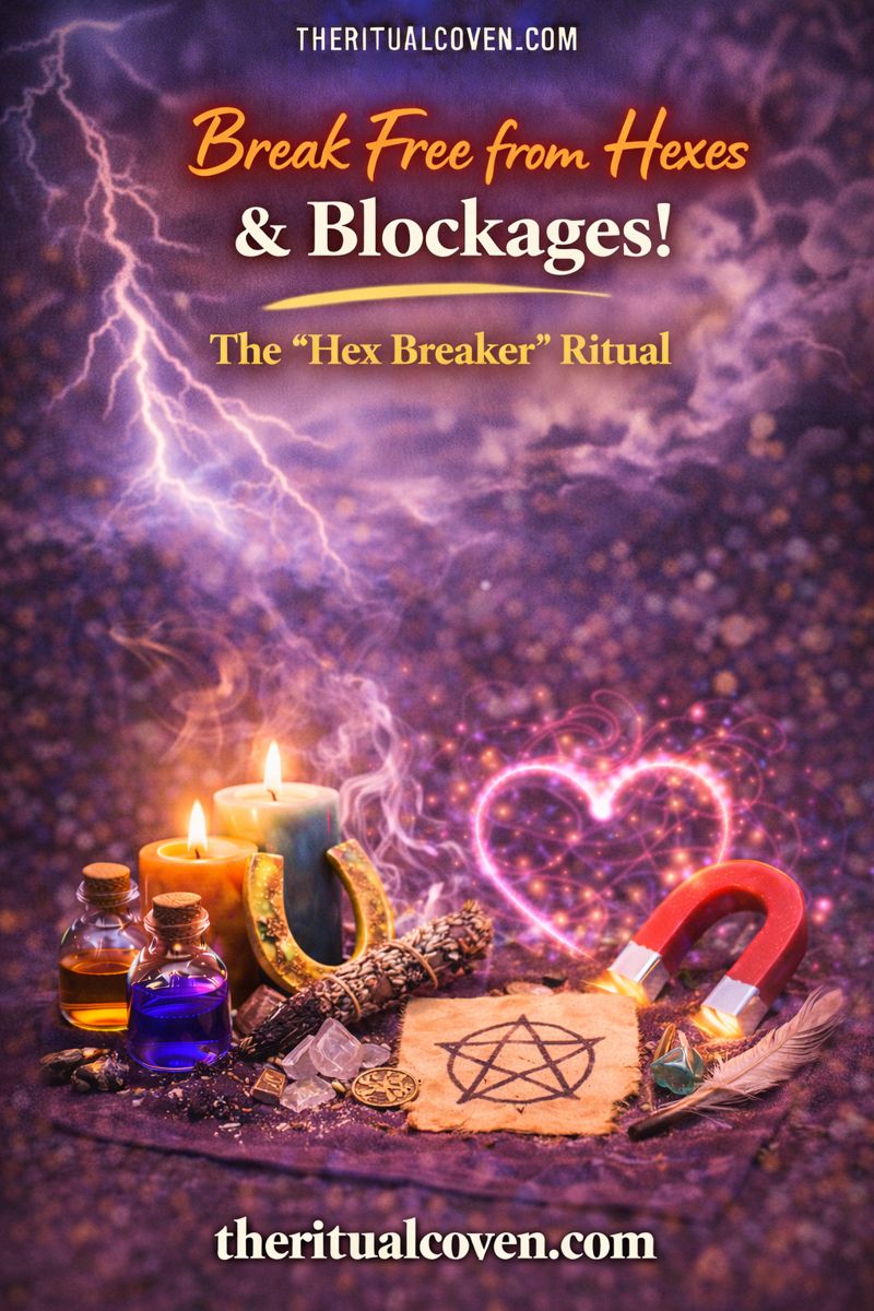 Uncrossing and Hex Breaker Ritual image featuring glowing candles, cleansing smoke, protective symbols, crystals, ritual bottles, a symbolic magnet and horseshoe, and a dark-to-light background transition, representing negative energy removal, spiritual cleansing, and restored protection, with theritualcoven.com displayed.