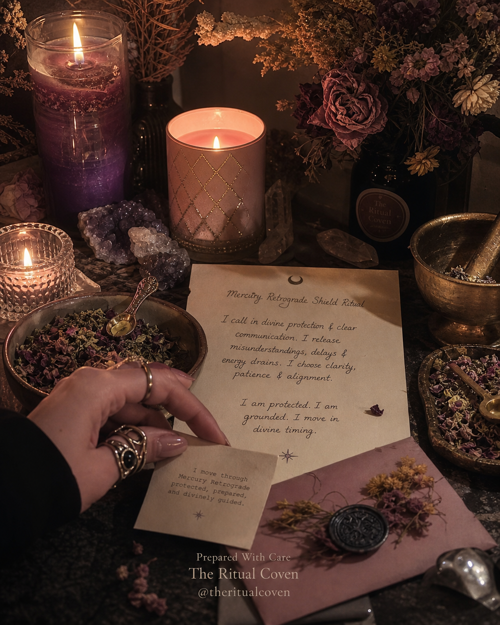 Mercury Retrograde Shield Ritual realistic ritual scene by The Ritual Coven