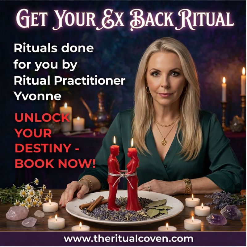 Get Your Ex Back Ritual performed by Ritual Practitioner Yvonne, featuring a love reconnection altar with red figure candles, crystals, herbs, and ceremonial tools at The Ritual Coven